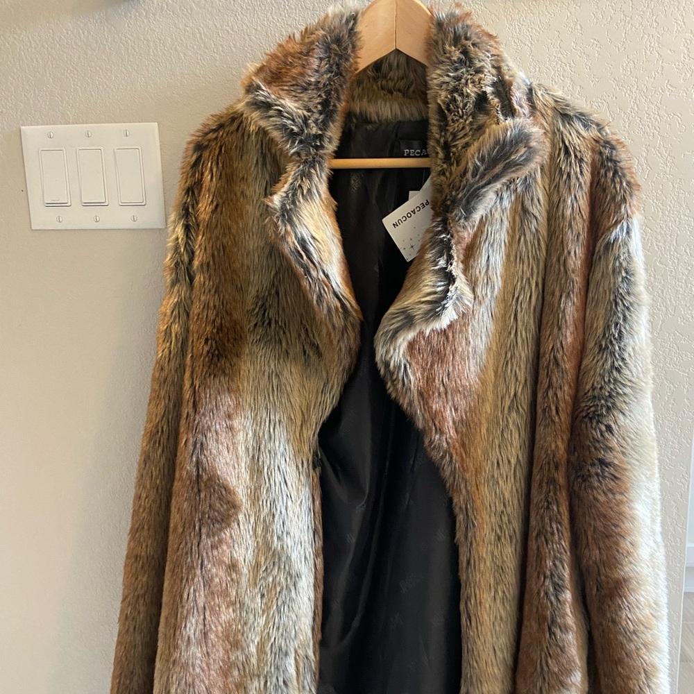 FAKE FAUX men’s fur coat. 50 inches long from collar to hem. BNWT